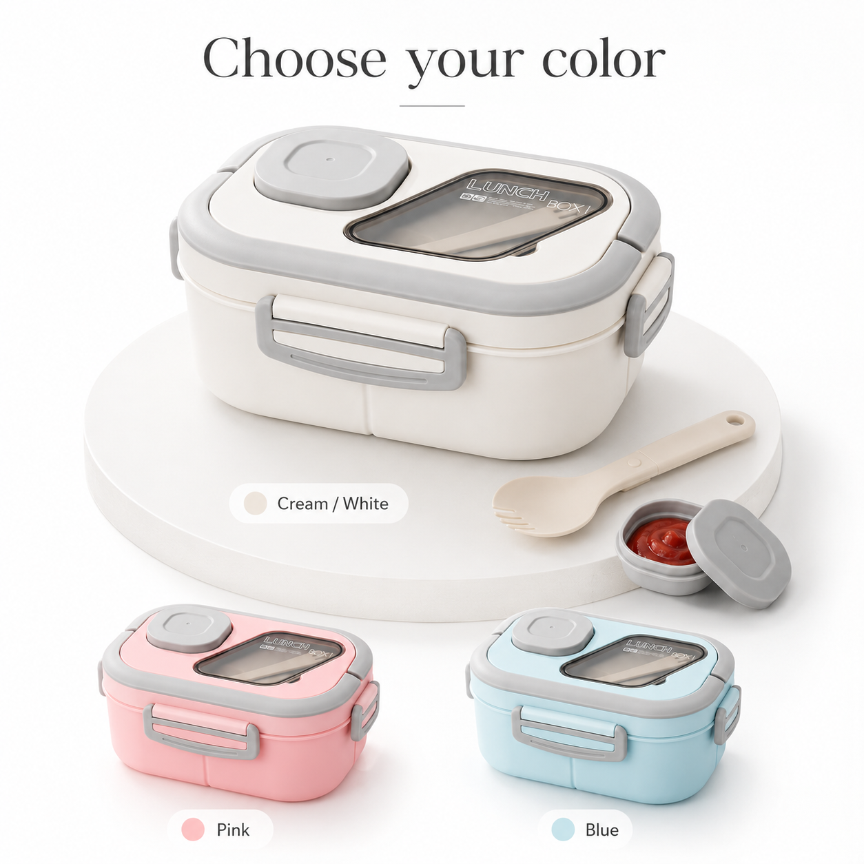 Cream 3-tier bento lunch box with chicken, rice, vegetables, berries, sauce cup and folding spork on an office desk