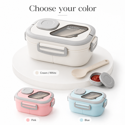 Cream 3-tier bento lunch box with chicken, rice, vegetables, berries, sauce cup and folding spork on an office desk