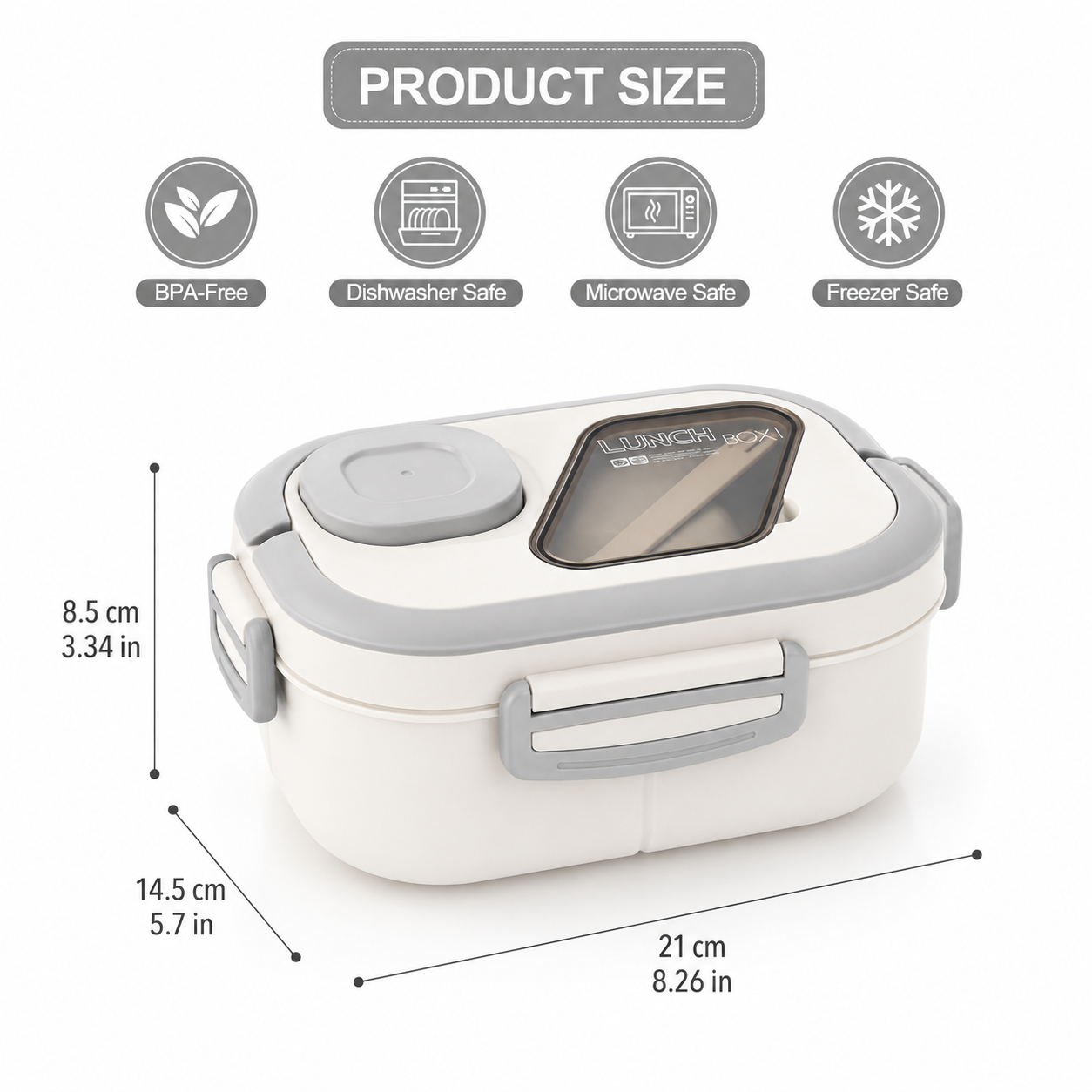 Cream and white bento lunch box showing carry handle, built-in sauce cup and food-grade sealing ring