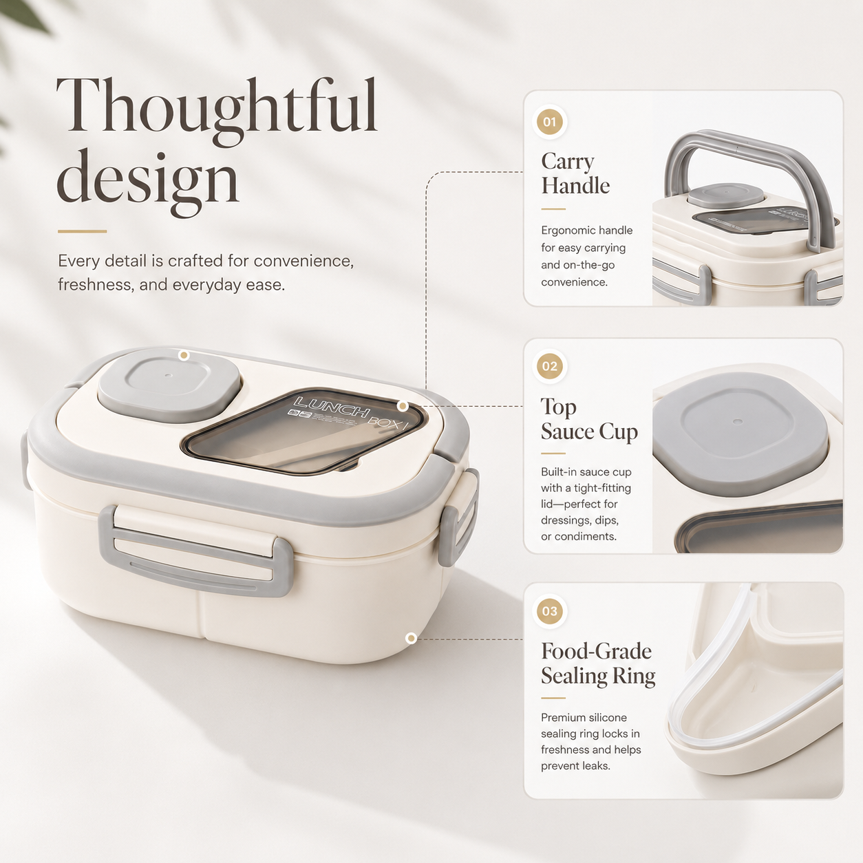Open cream bento lunch box with four compartments, sauce cup, folding spork and pink and blue colour options