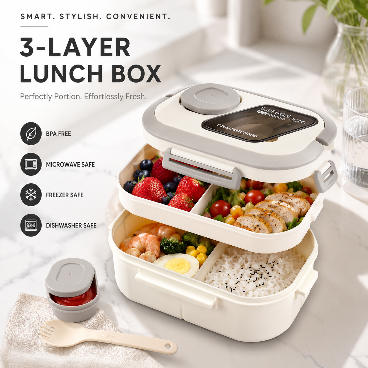 TryLevix LuxeLayer cream and white 3-tier bento lunch box filled with fresh food and reusable spork