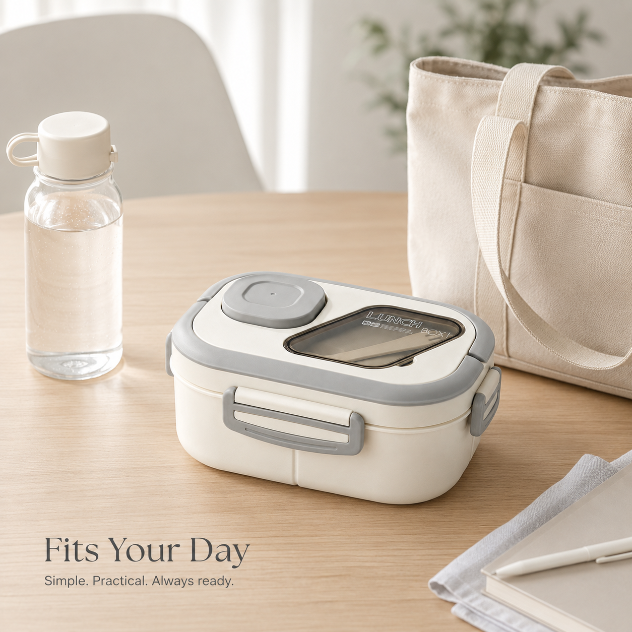 Woman carrying a cream TryLevix bento lunch box by its built-in handle in a modern kitchen